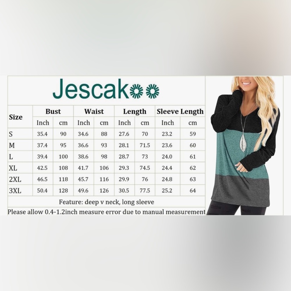 NWOT - Jescakoo Tunic Top - Long Sleeve V Neck T Shirts Casual Loose Fit - Picture 4 of 4